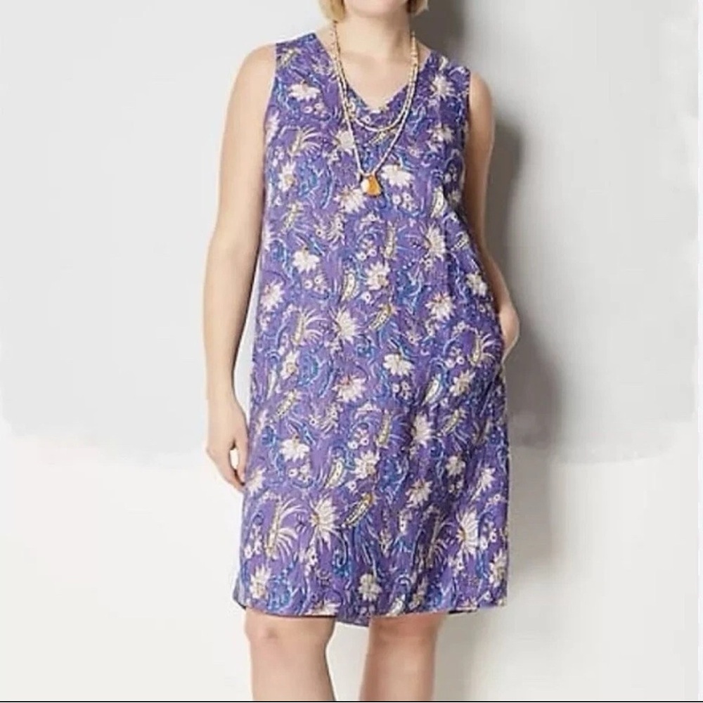 J. Jill Linen Sleeveless Floral Above Knee Dress Pockets Purple large